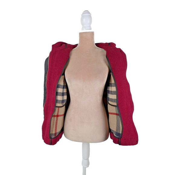 Burberry Brit Finsdale Wool Duffel Coat US 4 Red Peacoat Nova Check Toggle Hood - Picture 2 of 13